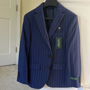 Boys Lauren by Ralph Lauren navy pin striped suit/sports jacket. NWT. Size 8R